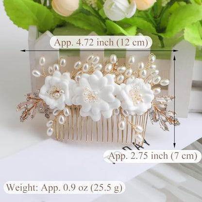 Fancy White Flower Bride Wedding Hair Comb, Handmade Pearl Rhinestone Hair Accessory for Bridal Women (Gold with 3 Flowers) - color: Style 1(with 3 Flowers)