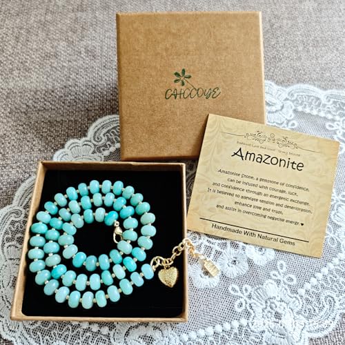 Boho Gemstone Beaded Necklace for Women – Colorful Natural Stone Choker 18K Solid Heart-Shaped Pendant, Summer Beach Jewelry - color: Amazonite