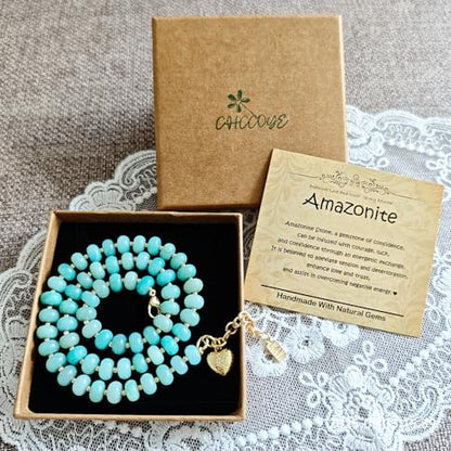 Boho Gemstone Beaded Necklace for Women – Colorful Natural Stone Choker 18K Solid Heart-Shaped Pendant, Summer Beach Jewelry - color: Amazonite