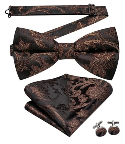 Hi-Tie Silk Mens Suit Vest Tie and Bowtie Lapel Pin Gold Tie Clip Paisley Floral Waistcoat 8PCS Set Tuxedo Wedding Party - color: Black and Brown, size: Large