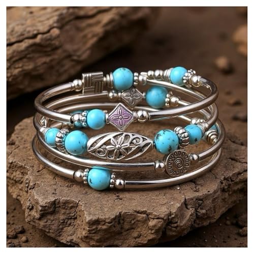 Boho Wrap Beaded Bracelet for Women – Handmade Natural Stone Jewelry – Stainless Steel Adjustable Ethnic Chic Gift - color: Turquoise Stone