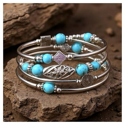 Boho Wrap Beaded Bracelet for Women – Handmade Natural Stone Jewelry – Stainless Steel Adjustable Ethnic Chic Gift - color: Turquoise Stone