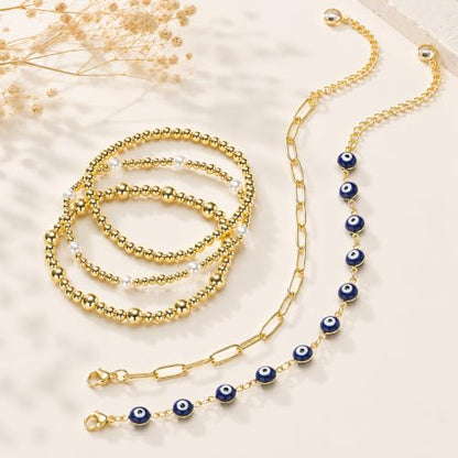 XUANPAI Evil Eye Bracelet for Women, 14K Gold Plated Beaded Bracelet Set | 5PCS Stackable Dainty Nazar Bracelet, Adjustable Turkish Eye Good Luck Protection Jewelry Gift for Mother’s Day Birthday - color: Blue