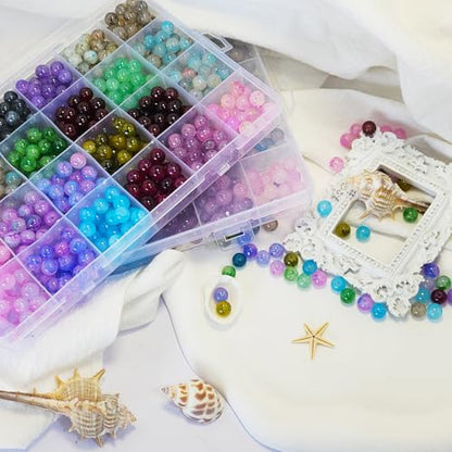 1200PCS 8mm Glass Beads Bracelet Making Kit, 24 Colors Crystal Beads for Jewelry Making, 2 Box Cataclastic Lineation Beads Suitable for Beginners - color: 2 Box