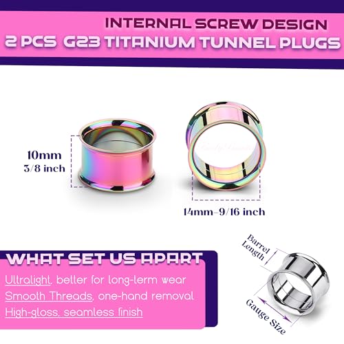 2Pcs G23 Titanium Double Flared Earrings Internally Threaded Gauges for Ears Weights Eyelet Tunnel Plug Stretching Kit From 3mm to 25mm Women Men - color: Rainbow, size: 14mm-9/16"