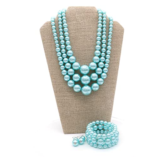 We We Imitation Pearl Necklace for Women Large Chunky Pearl Necklaces Multilayer Pearl Necklace and Earring 1920s Costume Jewelry set - color: sky blue pearl necklace set