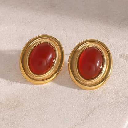RAUCHBE Big Chunky Gold Earrings for Women Vintage Black Oval Earring Onyx Statement Earrings Trendy Jewelry - style: Red