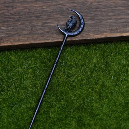 2PCS Viking Raven Hair Sticks – Gothic Moon Hair Pins for Women | Black Gothic Hair Accessories with Raven Moon Design for Buns, Updos, Renaissance Festival, Halloween & Cosplay - color: RLMN