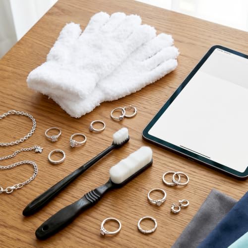 4PCS Silver Cleaning Kit with 2PCS Jewelry Cleaning Brushes | Silver Polishing Gloves for Antique Jewelry Silverware Cutlery Plateware Gold Diamond Platinum Gemstone Coin Tarnish Remving