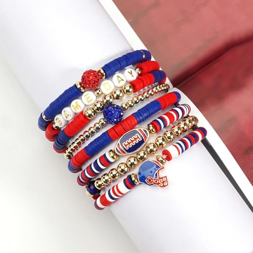 Ardorchid Halloween Bracelets for Women Pumpkin Ghost Steleton Bat Skull Beaded Stackable Stretchy Bracelet Rugby Thanksgiving Christmas Heishi Bracelets - color: Game Day-Blue&Red