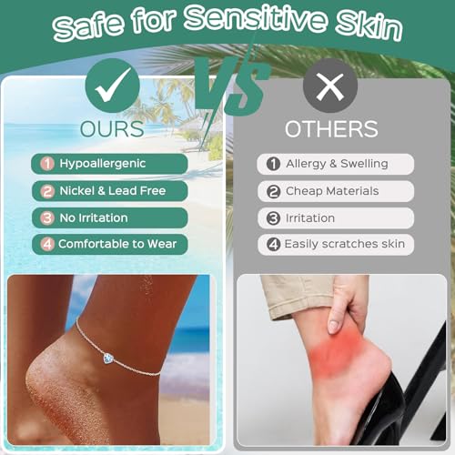 ChicSilver 925 Sterling Silver Anklets for Women, Simple Dainty Round/Heart Birthstone Ankle Bracelet Beach Foot Jewelry, 8.7-10.7 Inch Adjustable - color: 06. Heart - June(Alexandrite)