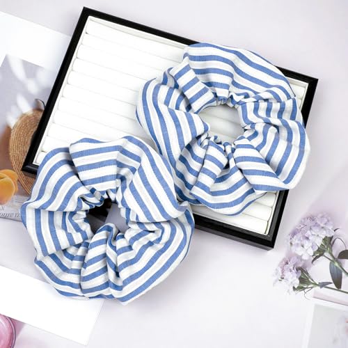 Big Blue White Striped Scrunchies for Women 2 Pack Large Hair Ties, Fabric Ponytail Holders Elastic Hair Bands Women Girls Hair Accessories - color: Stripede Blue