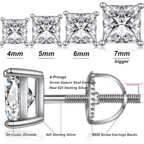Jiamiaoi Stud Earrings Screw Back Sterling Silver Cubic Zirconia Stud Earrings Set 4 Millimeters-8 Millimeters Nickle Free Hypoallergenic Earring Studs - color: B-Square Cut Clear, size: 6mm