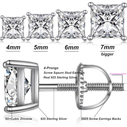 Jiamiaoi Stud Earrings Screw Back Sterling Silver Cubic Zirconia Stud Earrings Set 4 Millimeters-8 Millimeters Nickle Free Hypoallergenic Earring Studs - color: B-Square Cut Clear, size: 6mm