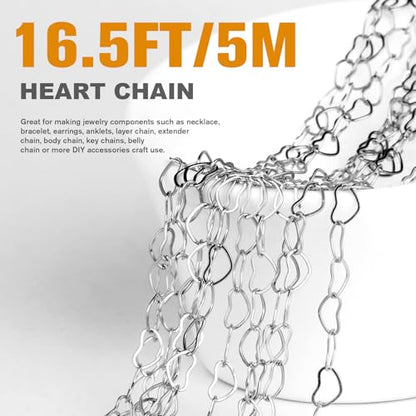 16.5FT Stainless Steel Heart Chain 4.5MM Silver Chain for Jewelry Making | Dainty Heart Link Chains Roll Bulk for Necklace Bracelet Crafts - color: stainless steel color