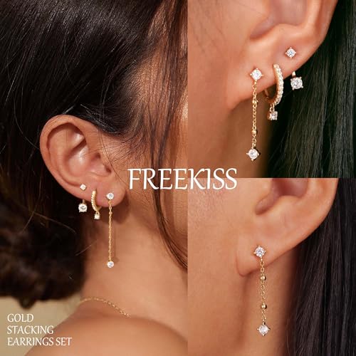 Freekiss 3 Pairs Hoop Earrings Set - Dainty Stud Dangle Cartilage for Women | Hypoallergenic Earrings, Cubic Zirconia Stackable Trendy Small Set Jewelry Gifts for Women - style: 3 CZ Long Stud-GD
