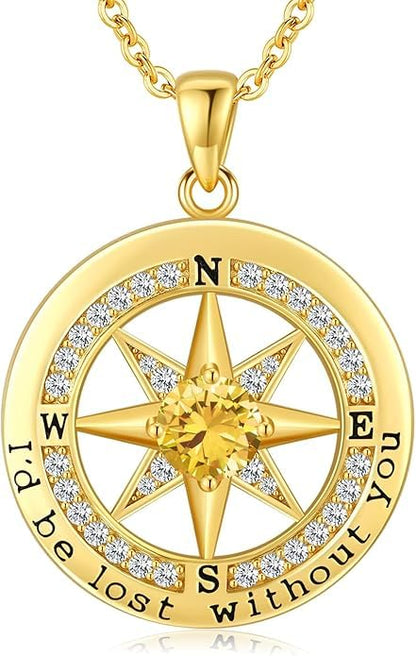Compass Necklace for Women Wife Girlfriend Mom Daughter Gifts | S925 Silver Jewelry For Anniversary 18K Rose Gold Gifts For Birthday Christmas Mothers Valentines Day 12 Birthstones - style: 11-November-Gold