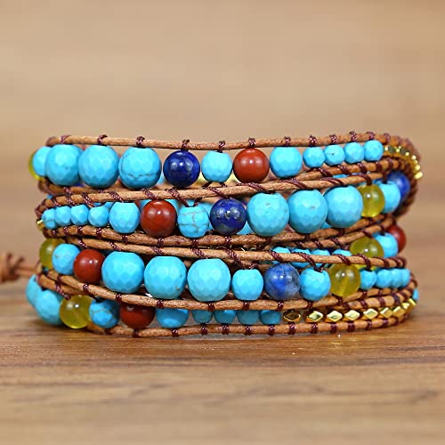 Boho Wrap Bead Bracelet for Women - Handmade Adjustable Natural Stone Beaded Bracelets Yoga Healing Bracelet Bangle Hippie Jewelry - color: Turquoise