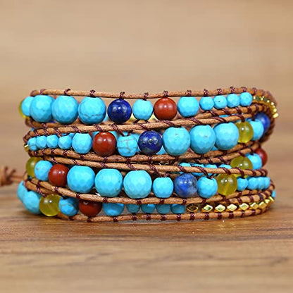 Boho Wrap Bead Bracelet for Women - Handmade Adjustable Natural Stone Beaded Bracelets Yoga Healing Bracelet Bangle Hippie Jewelry - color: Turquoise