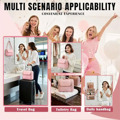 banapoy Hanging Toiletry Bag for Women, Roll up Cosmetics Makeup Bag, Travel Makeup Cosmetic Organizer with Hanging Hook, for Jewelry Toiletries, 10.63x9.45x6.30in (Pink) - color: Pink