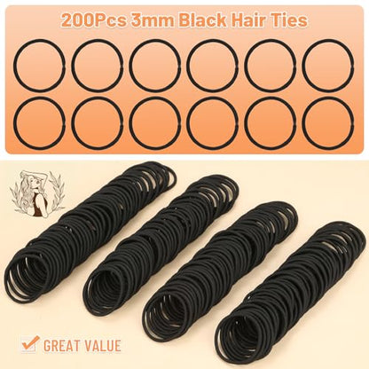 Anezus 200 Pcs Hair Ties for Women Girls Hair Elastics Hair Bands Ponytail Holders Hair Rubber Bands for Thick Straight Curly Hair (Black) - color: Black