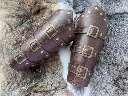 Medieval Leather Bracers Dragon Embossed Viking Leather Bracers Leather Arm Armer Cuff Leather Gauntlet Costumes Accessories - style: Buckles bracers for men-brown