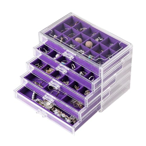 Acrylic Jewelry Box for Earrings,Jewelry Organizer with 5 Drawers | 61 Jewelry Storage Grid for Rings Studs Bracelet,Velvet Lining,Transparent Appearance,Dustproof,Jewelry Holder for Women - color: Purple