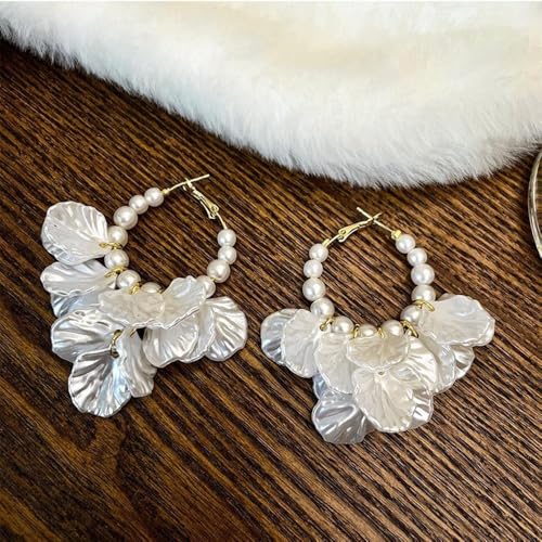Pearl Hoop Dangle Earrings for Women, White Petal Statement Earrings, Floral Drop Earrings, Lightweight Elegant Wedding Vacation Party Jewelry - color: A0028-Petal Pearl Earrings