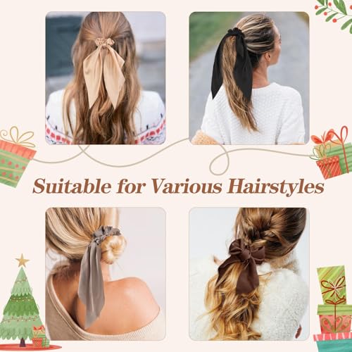 6 PCS Bow Silk Scrunchies, Hair Ties with Bows, Hair Scarf Scrunchies | Knotted Scrunchie Bow for Women , Satin Hair Ribbon Elastic Hair Tie, Long, Brown - color: Brown