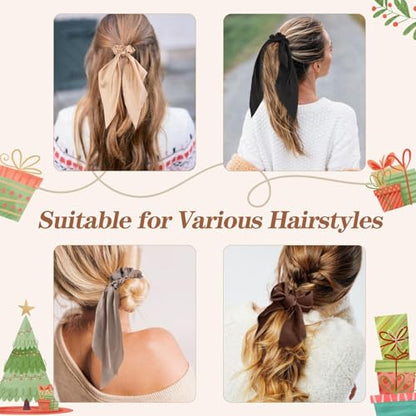6 PCS Bow Silk Scrunchies, Hair Ties with Bows, Hair Scarf Scrunchies | Knotted Scrunchie Bow for Women , Satin Hair Ribbon Elastic Hair Tie, Long, Brown - color: Brown