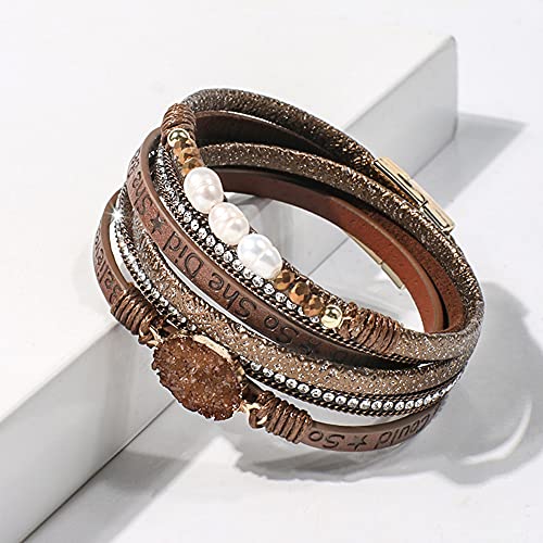 Artilady Leather Wrap Bracelet for Women, Pearl Beaded Bangle Stack Jewelry | Easy on-off, Elegant Handmade Multi-Layered, Daily Casual Date Beach Vacation, Gift for Ladies, Mother, Sister & Friend - style: So She Did, Brown
