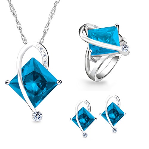 Uloveido Charm Created Topaz Big Square Crystal Necklace Matching Stud Earrings Rings Jewelry Set T295 - color: Blue