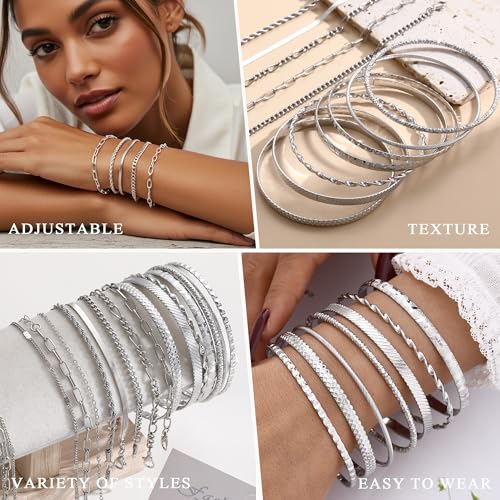 YEEZII 56 Pcs Gold Jewelry Set for Women with 5Pcs Layered Necklace, 5Pcs Layered Necklace, 12 Bracelets, 4 Hoop Earrings, 8 Stackable Rings, 10 hairpins, 12 Studs Earrings Jewerly set for Women - color: Silver