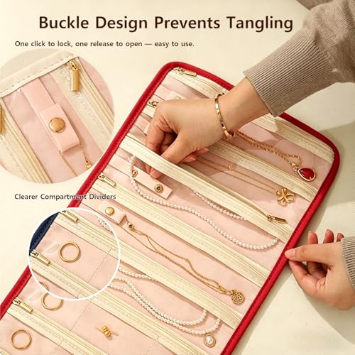 Embroidery Jewelry Roll Organizer Travel Jewelry Storage Roll Case Foldable Small Jewelry Pouch Jewelry Roll up Bag for Journey Rings, Necklaces, Earrings, Bracelets (Red) - color: Red