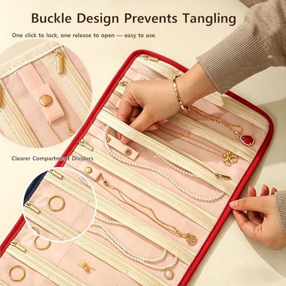 Embroidery Jewelry Roll Organizer Travel Jewelry Storage Roll Case Foldable Small Jewelry Pouch Jewelry Roll up Bag for Journey Rings, Necklaces, Earrings, Bracelets (Red) - color: Red