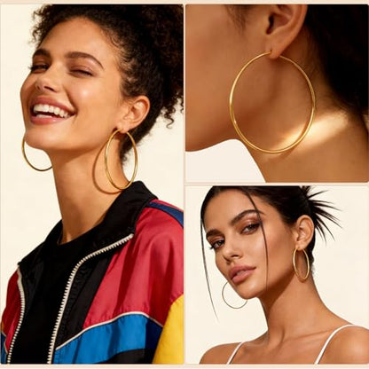 5/8 Pairs Gold Silver Hoop Earrings for Women Stainless Steel Jewelry Set | 30 40 50 60 70 mm, 14K Gold Plated Stainless Steel, Hypoallergenic, Lightweight, Thin, Small Medium Large Dangle - color: 5 Pair/Gold (30/40/50/60/70mm)
