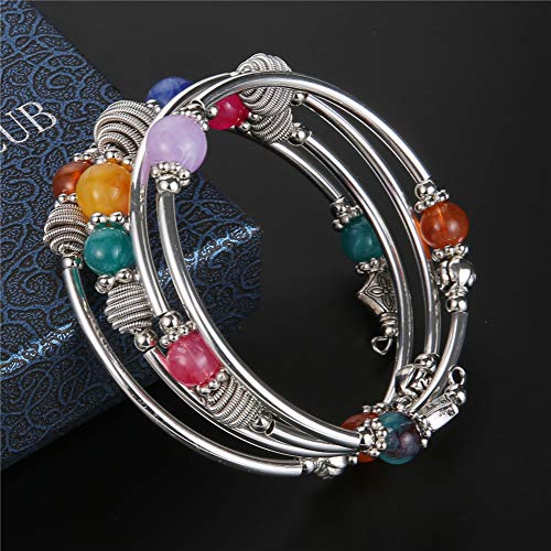 PEARL&CLUB Beaded Chakra Bangle Turquoise Bracelet - Fashion Jewelry Wrap Bracelet with Thick Silver Metal and Mala Beads, Birthday Gifts For Women - color: Colorful