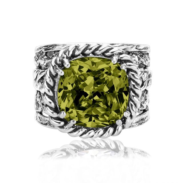 JEAN RACHEL JEWELRY 925 Sterling Silver Braid Leaf Cushion Ring | Ornate statement ring beautifully adorned with sculpted leaf motifs, twisted rope braids, and a CZ center stone. - color: Peridot CZ