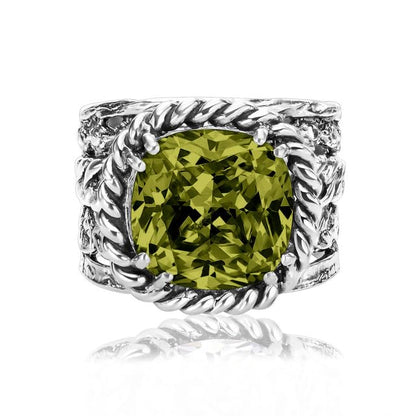 JEAN RACHEL JEWELRY 925 Sterling Silver Braid Leaf Cushion Ring | Ornate statement ring beautifully adorned with sculpted leaf motifs, twisted rope braids, and a CZ center stone. - color: Peridot CZ