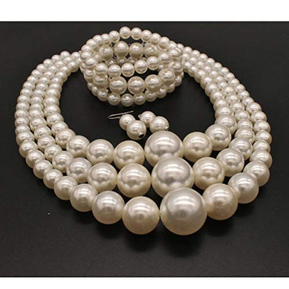 We We Imitation Pearl Necklace for Women Large Chunky Pearl Necklaces Multilayer Pearl Necklace and Earring 1920s Costume Jewelry set - color: white pearl necklace set