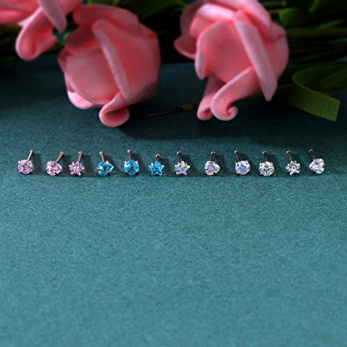 ZS 20G Nose Stud Rings Set, Stainless Steel CZ Nose Piercing Jewelry | Hypoallergenic Nose Bone Rings, L Shaped & Screw Nose Studs, 3mm CZ Stone Nostril Jewelry for Women Men - color: 9pcs Mixed style(Blue)