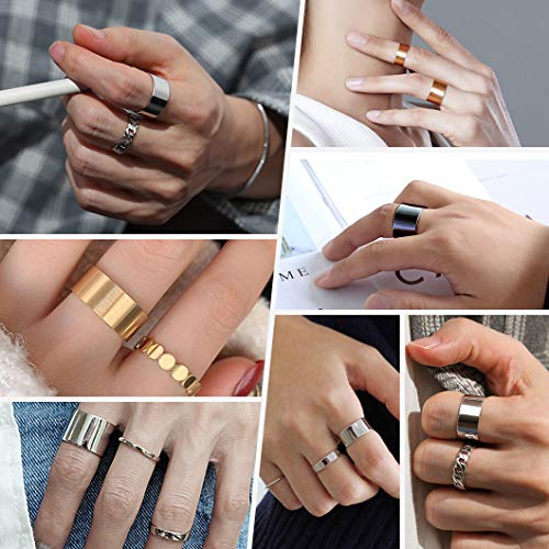 Stainless Steel Open Band Ring for Men Women 18K Gold/Black Plated Brush/Smooth Surface Rings Set Minimalist Jewelry(with Gift Box) - color: 02-Black 10mm Brush Surface