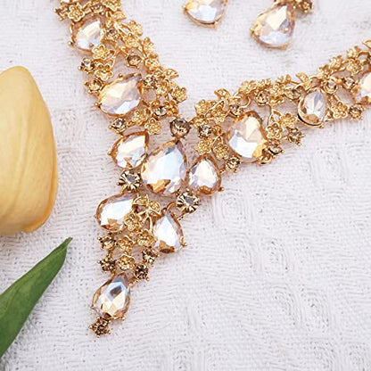 CSY Elegant Crystal Costume Jewelry Sets Flower Bridal Necklace Earrings Stretch Bangle Set for Bride Bridesmaid Wedding Dress Accessories - color: champagne gold