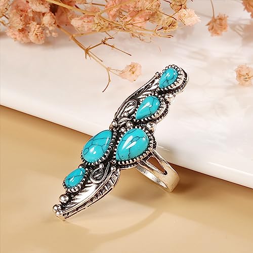 HAIXIAN Antique Full Finger Turquoise Stones Ring,Retro Thick Silver Plated Multi Waterdrop Gemstone Crystal Wide Cocktail Party Ring Jewelry