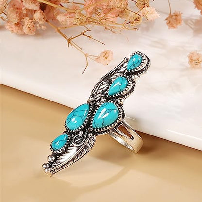 HAIXIAN Antique Full Finger Turquoise Stones Ring,Retro Thick Silver Plated Multi Waterdrop Gemstone Crystal Wide Cocktail Party Ring Jewelry