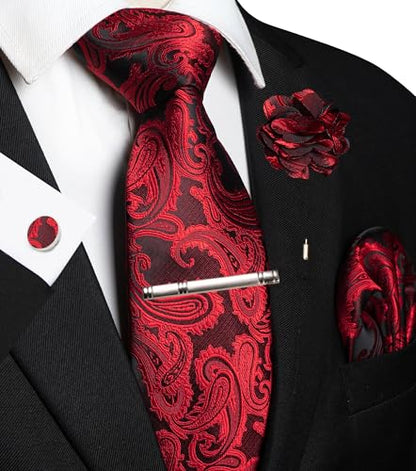 JEMYGINS Mens Paisley Tie and Pocket Square,Lapel Pin,Cufflinks,Tie Clip Sets with Gift Box 5PCS - color: Red/Black