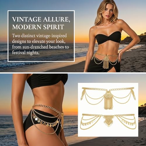 BRBASAP 2 PCS Belly Dancer Waist Chain Vintage Layered Gold Silver Tone Body Jewelry Egyptian Beaded Belt for Women Dancing Beach Bikini Dress Accessories