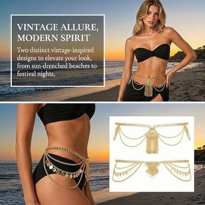BRBASAP 2 PCS Belly Dancer Waist Chain Vintage Layered Gold Silver Tone Body Jewelry Egyptian Beaded Belt for Women Dancing Beach Bikini Dress Accessories
