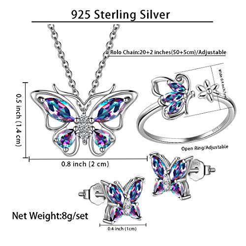 925 Sterling Silver Birthstone Butterfly Jewelry Women Crystal Animal Cute Butterflies Birthday Necklace/Earring/Ring/Bracelet Sets Birth Stone Statement Anniversary Jewellery - color: 2-M.Mysitc-Rainbow-Topaz
