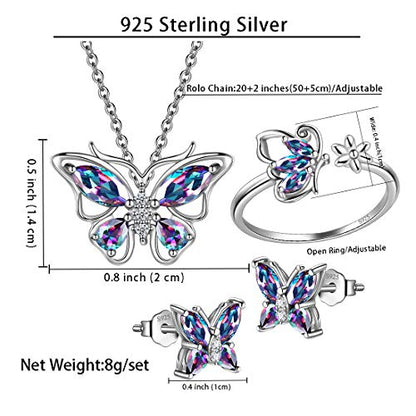 925 Sterling Silver Birthstone Butterfly Jewelry Women Crystal Animal Cute Butterflies Birthday Necklace/Earring/Ring/Bracelet Sets Birth Stone Statement Anniversary Jewellery - color: 2-M.Mysitc-Rainbow-Topaz